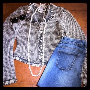 Chanel style sweater jacket, tweed and gold thread